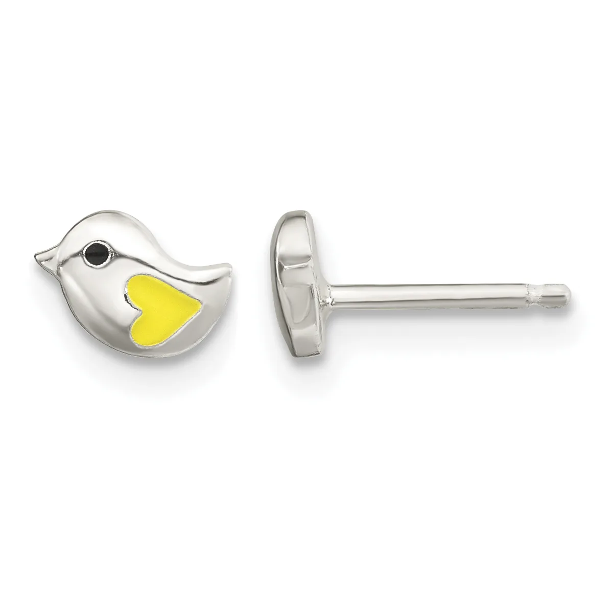 A pair of sterling silver stud earrings shaped like birds with yellow enamel heart-shaped bodies, shown from front and side views.