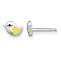 A pair of sterling silver stud earrings shaped like birds with yellow enamel heart-shaped bodies, shown from front and side views.