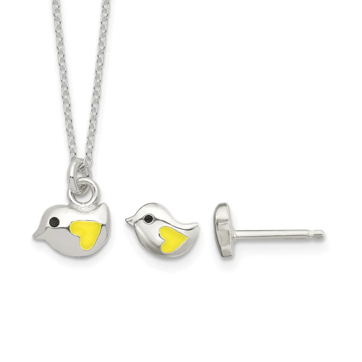 Silver bird charm necklace with yellow enamel wing detail, matching stud earring, and additional charm shown from three angles.