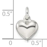 Sterling silver polished heart charm with bail, shown against a measurement scale indicating approximately 0.5 inches in width and height.