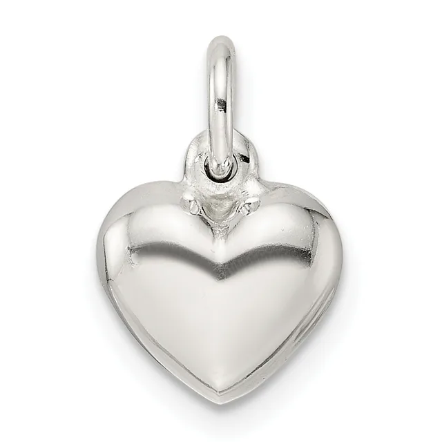 A polished silver heart-shaped pendant with a looped bail attached to the top.