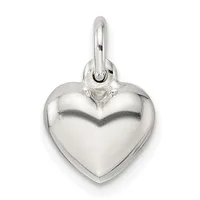 A polished silver heart-shaped pendant with a looped bail attached to the top.