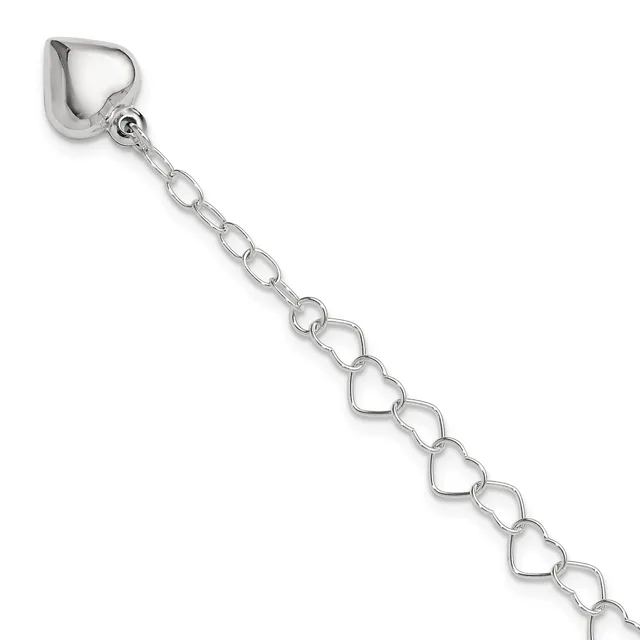 Silver-toned heart-shaped charm bracelet with a lobster clasp at the top, displayed against a white background.