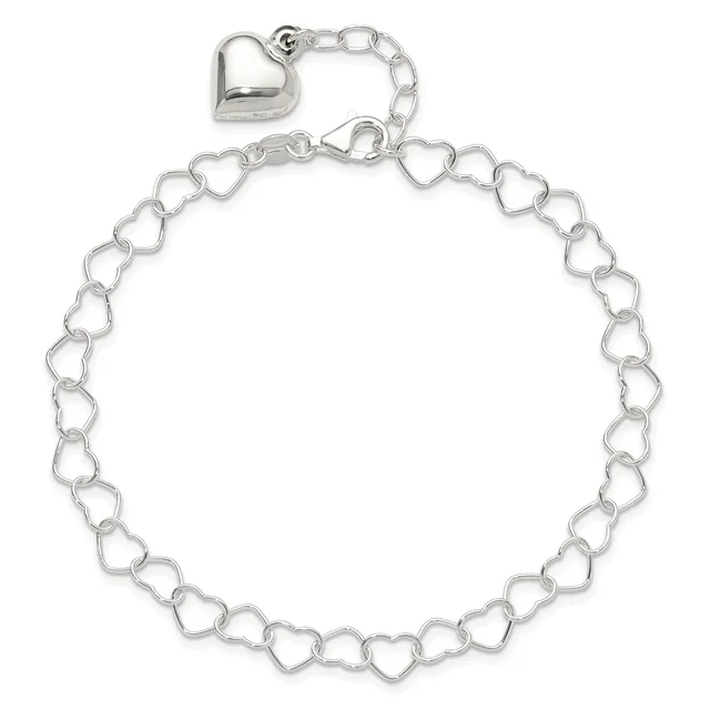 Silver-toned bracelet composed of connected hollow heart-shaped links with an adjustable chain extension and heart charm clasp.