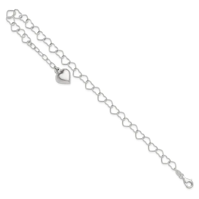 Silver-toned bracelet with heart-shaped links throughout the chain and a solid heart charm pendant hanging from the center.