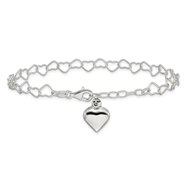 Silver-toned bracelet with linked heart-shaped chain segments and a polished heart charm hanging from a lobster clasp.
