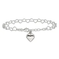 Silver-toned bracelet with linked heart-shaped chain segments and a polished heart charm hanging from a lobster clasp.
