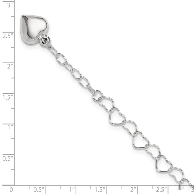 Silver-toned metal charm bracelet with a heart-shaped lobster clasp at the top and alternating circular and heart-shaped links extending downward, shown against a ruler measuring approximately 3 inches in length.