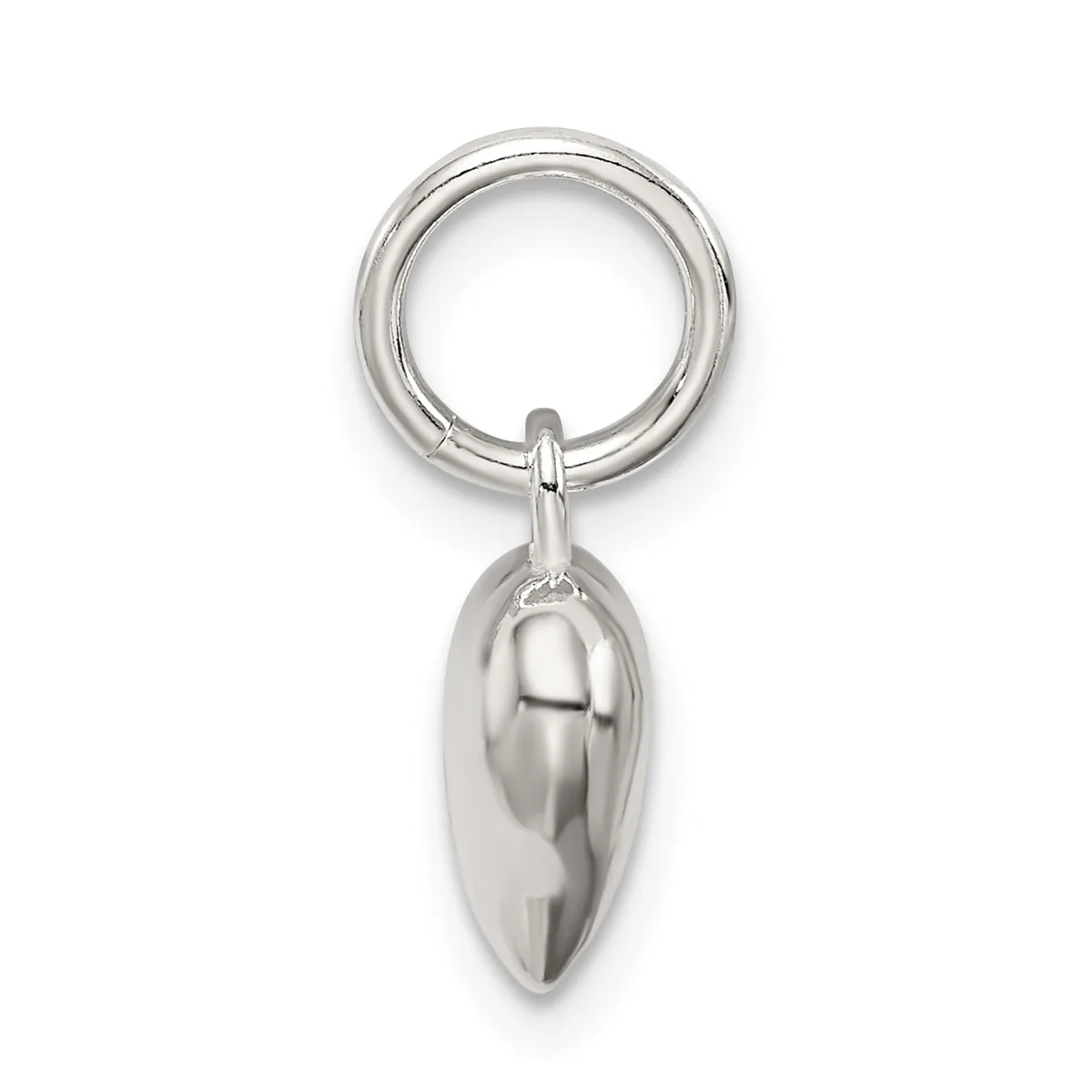 A polished silver charm pendant shaped like a leaf or almond hanging from a split ring, shown against a white background.