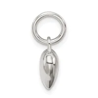 A polished silver charm pendant shaped like a leaf or almond hanging from a split ring, shown against a white background.