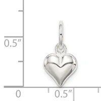 Sterling silver puffed heart charm with bail, shown next to a ruler indicating the charm is approximately 0.5 inches wide and 0.5 inches tall.