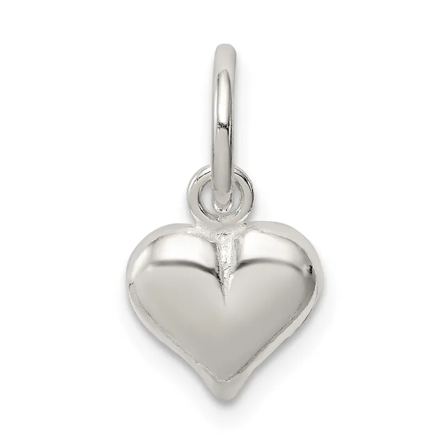 A polished silver heart-shaped pendant with a rounded bail loop attached to the top.
