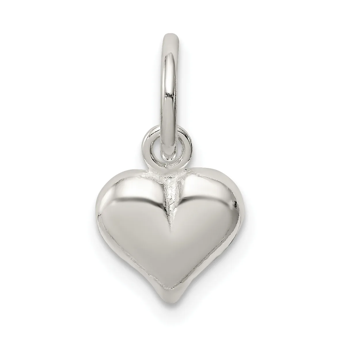 A polished silver heart-shaped pendant with a rounded bail loop attached to the top.