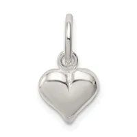 A polished silver heart-shaped pendant with a rounded bail loop attached to the top.