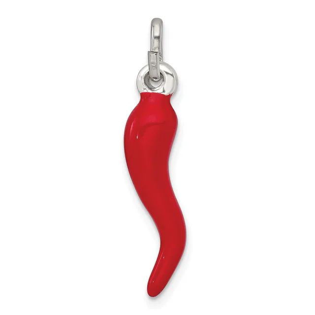 A red curved horn-shaped pendant with a silver-toned metal bail and clasp attachment at the top.