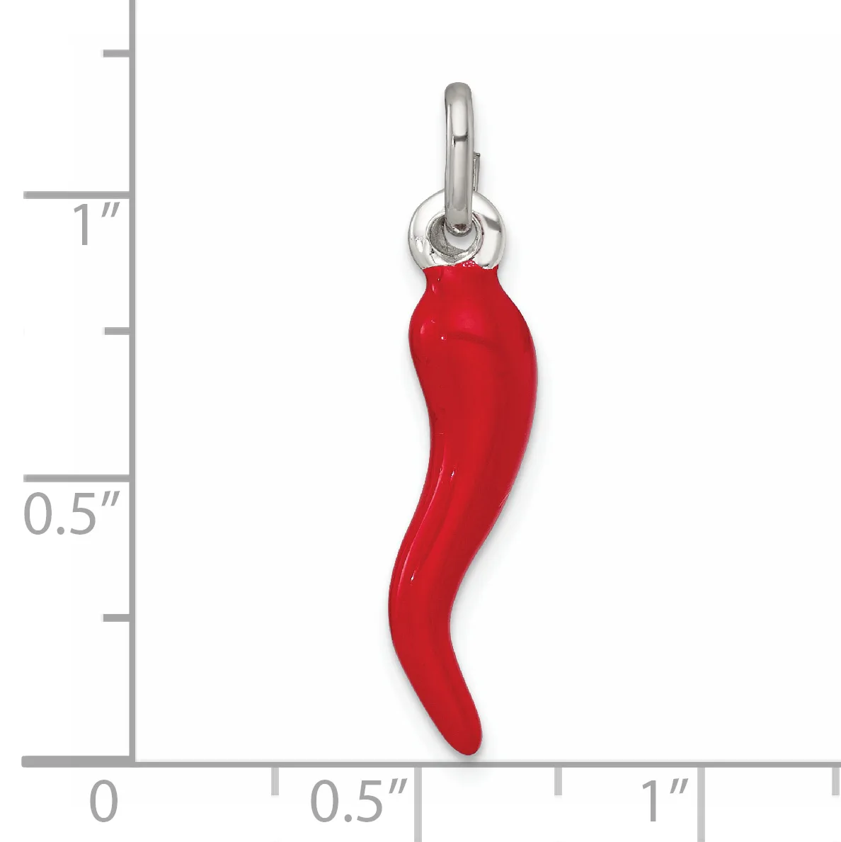 A red enamel chili pepper pendant with a silver-toned metal bail, shown next to a measurement scale indicating approximately one inch in length.