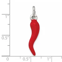 A red enamel chili pepper pendant with a silver-toned metal bail, shown next to a measurement scale indicating approximately one inch in length.