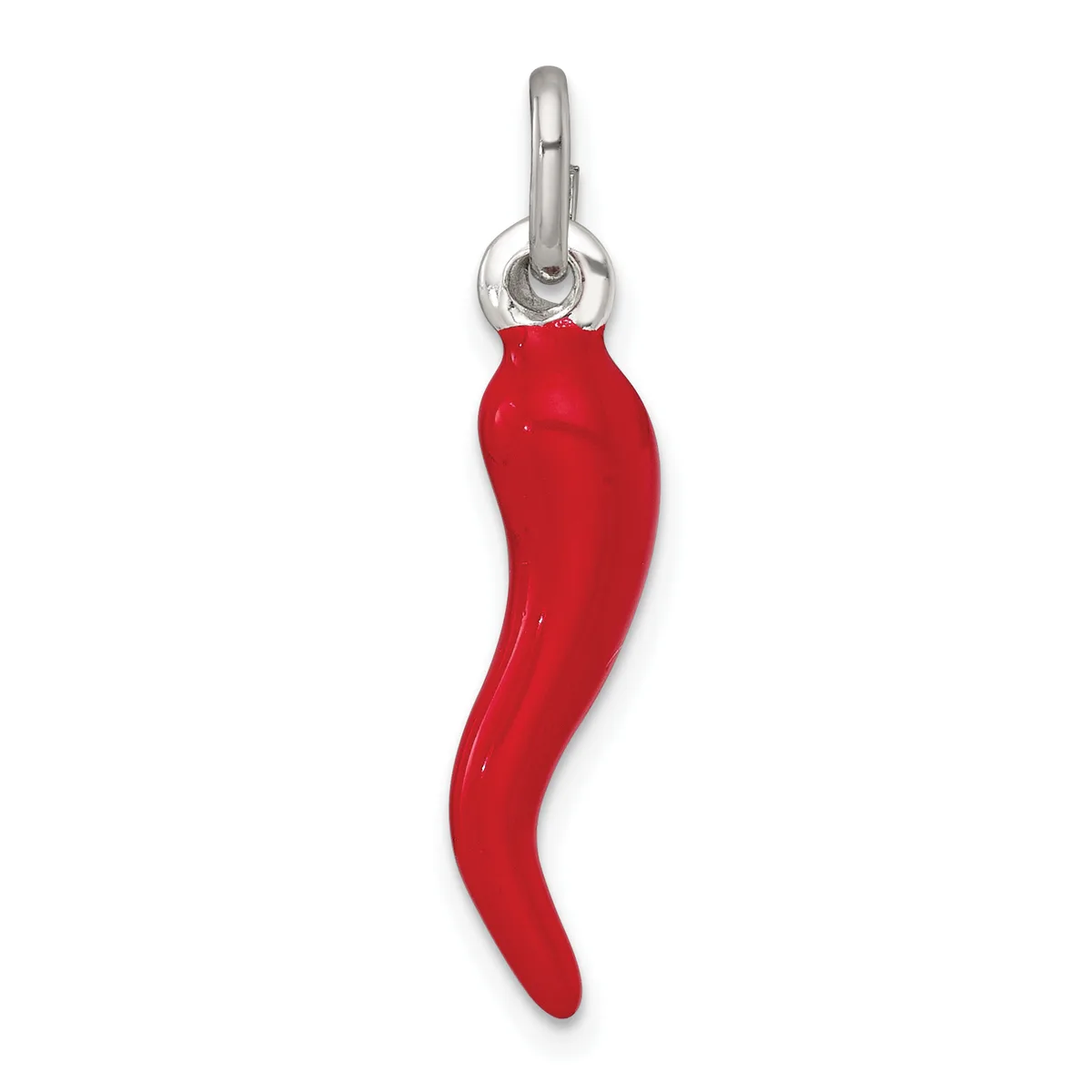 A red enamel horn-shaped pendant with a curved form hanging from a silver-toned metal bail and loop.