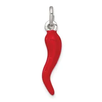 A red enamel horn-shaped pendant with a curved form hanging from a silver-toned metal bail and loop.