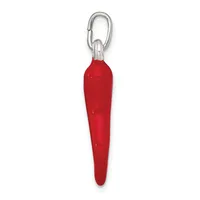 A red elongated teardrop-shaped keychain with a metal carabiner clip attached to its top.