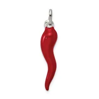 A red enamel chili pepper pendant with a curved shape and silver-toned metal loop attachment.