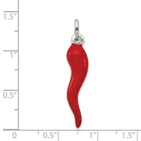 A red enamel chili pepper charm with a silver-toned loop and bail, shown against a measurement scale indicating its size is approximately one inch long.