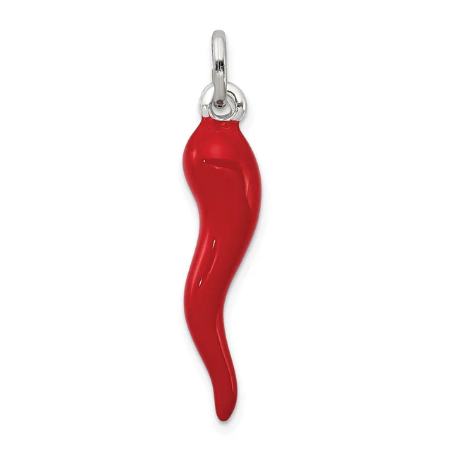 A red enamel cornucopia charm with a silver-tone metal bail and loop attachment.