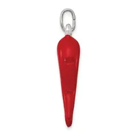 A red tapered cylindrical pendant with a rounded top, suspended from a silver-toned oval carabiner clip.
