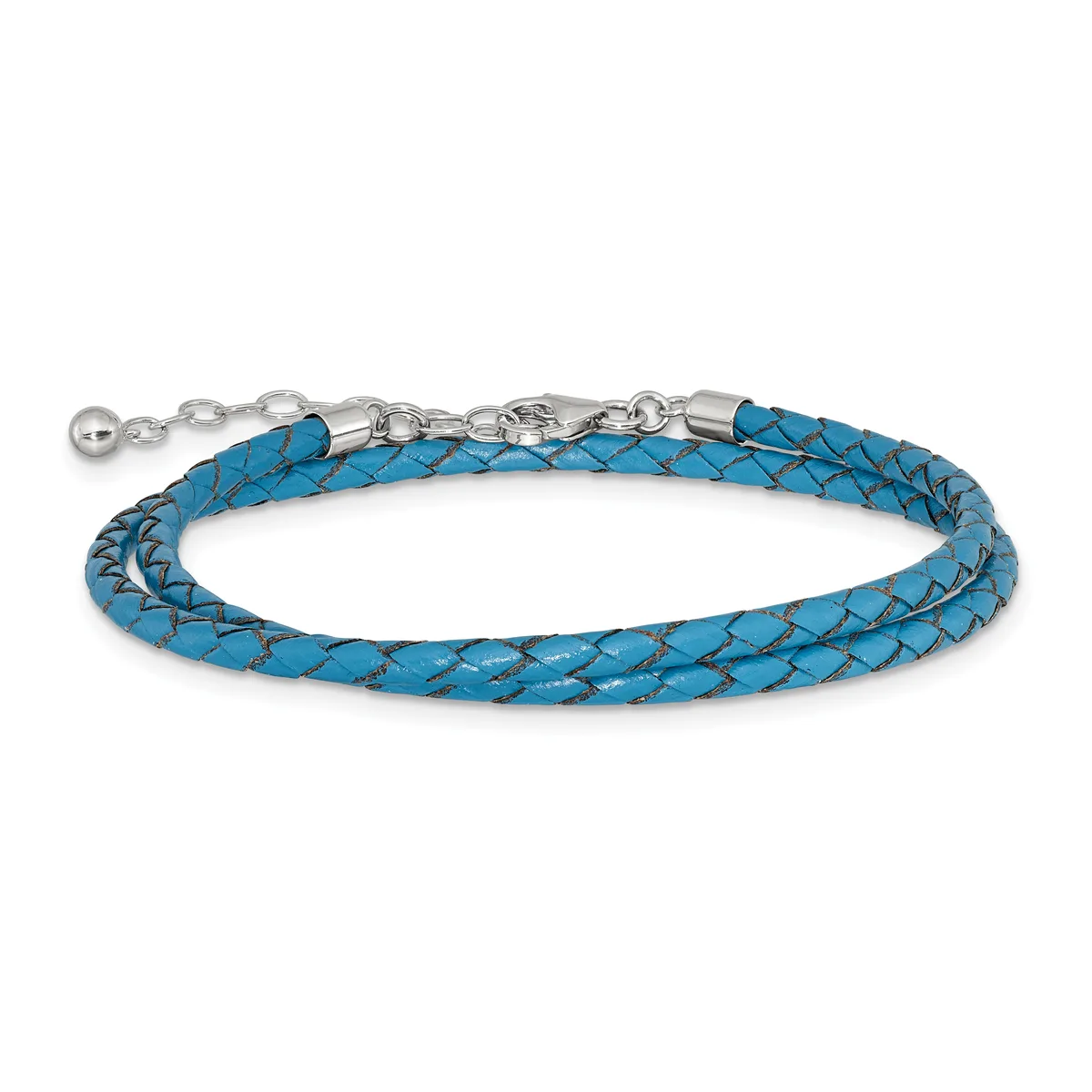 A turquoise braided leather wrap bracelet with silver-tone metal accents and an adjustable chain closure.