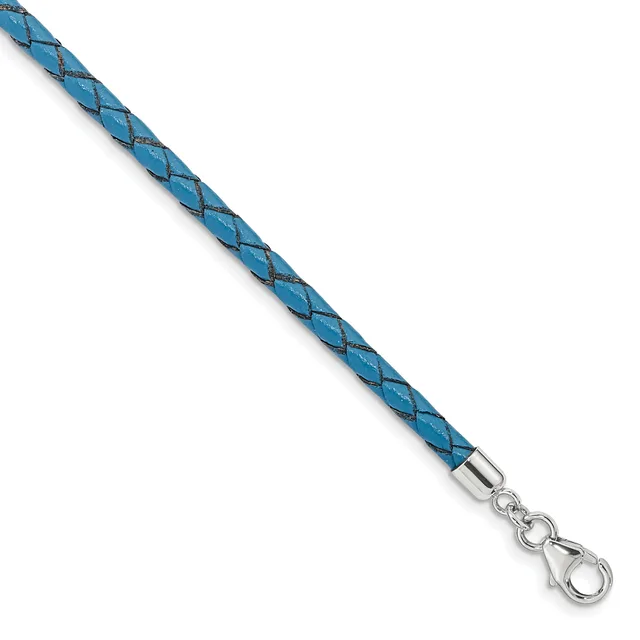 Blue braided leather cord with silver-tone metal clasp and lobster claw closure against a white background.