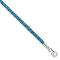 Blue braided leather cord with silver-tone metal clasp and lobster claw closure against a white background.