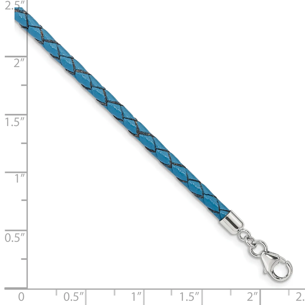 Blue braided leather lanyard with metal clasp and D-ring, displayed against a ruler showing approximately 2.5 inches in length.