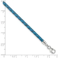 Blue braided leather lanyard with metal clasp and D-ring, displayed against a ruler showing approximately 2.5 inches in length.