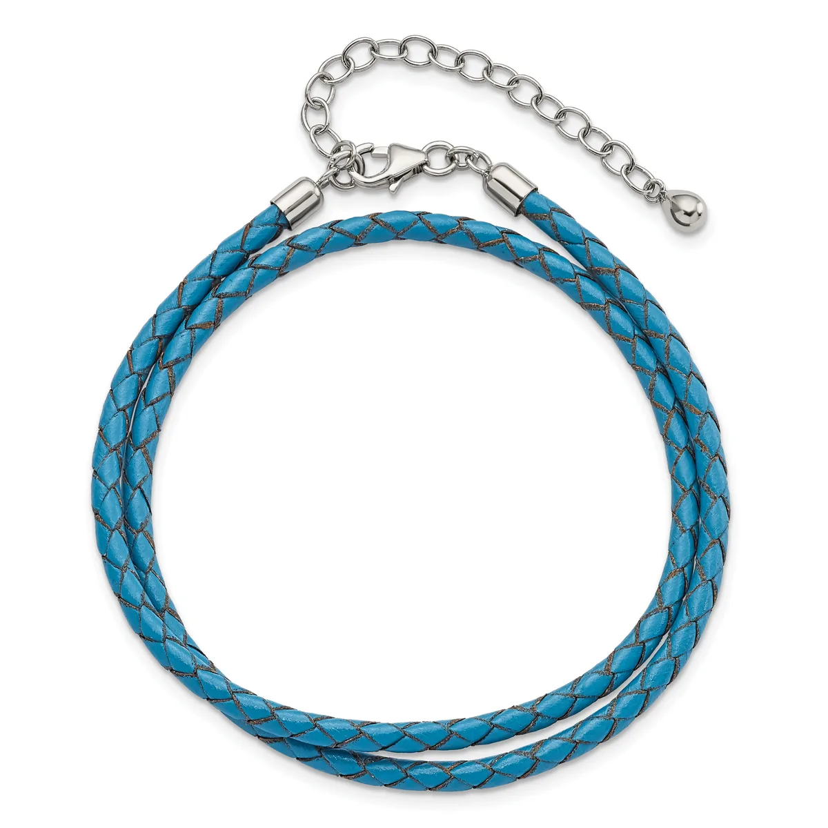 A braided blue leather bracelet with silver-tone metal end caps and an adjustable chain extension with a small ball clasp.