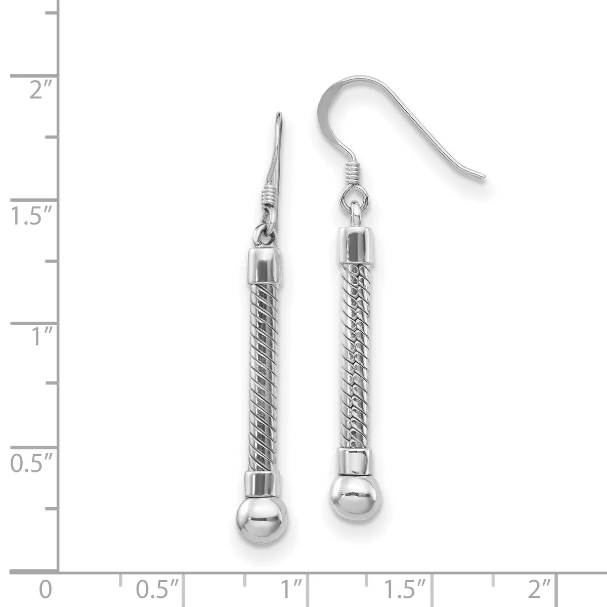 A pair of silver-toned dangle earrings with twisted cylindrical bodies and small spheres at the bottom, displayed against a measurement ruler showing they are approximately 1.5 inches long.