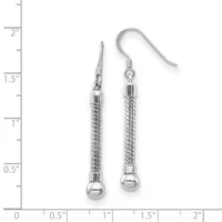 A pair of silver-toned dangle earrings with twisted cylindrical bodies and small spheres at the bottom, displayed against a measurement ruler showing they are approximately 1.5 inches long.