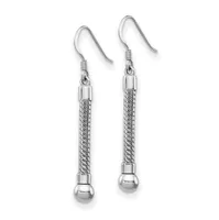Pair of silver-toned drop earrings with twisted cylindrical shafts, polished spherical bottoms, and curved ear wires.