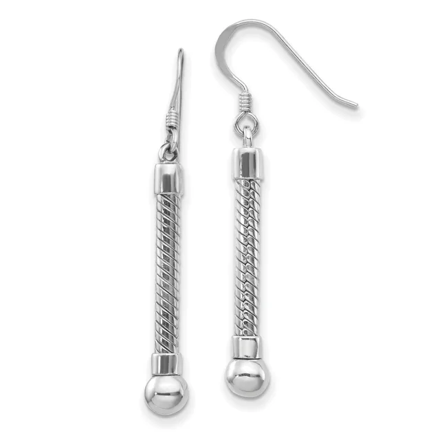 Pair of silver-tone dangle earrings with twisted cylindrical bodies, small spheres at the base, and fish hook wire fittings.
