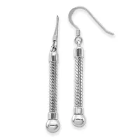 Pair of silver-tone dangle earrings with twisted cylindrical bodies, small spheres at the base, and fish hook wire fittings.