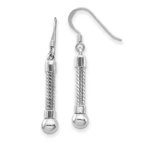 A pair of silver dangle earrings with twisted cylindrical bodies, polished spherical bottoms, and matching fishhook ear wires.