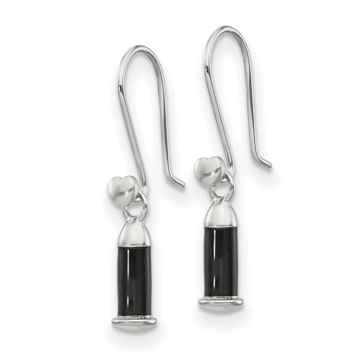Pair of silver drop earrings with elongated hooks, small hearts, and black cylindrical pendants with silver caps and bands.