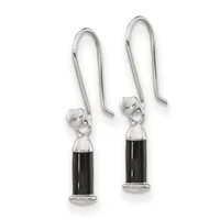 Pair of silver drop earrings with elongated hooks, small hearts, and black cylindrical pendants with silver caps and bands.