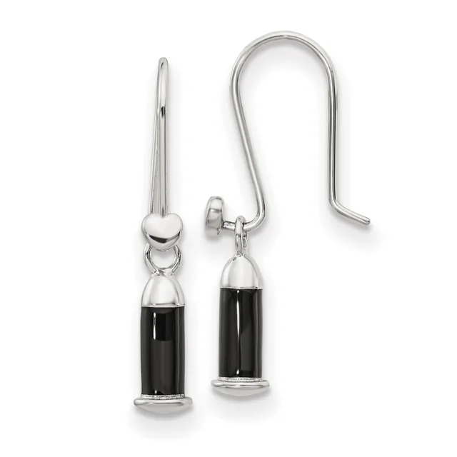 Pair of silver drop earrings with black onyx cylindrical pendants and curved ear wires, displayed against a white background.