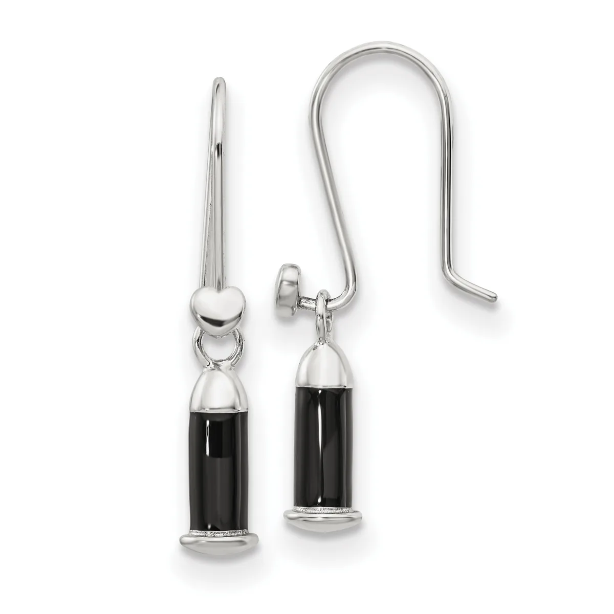 Pair of silver drop earrings with black onyx cylindrical pendants and curved ear wires, displayed against a white background.
