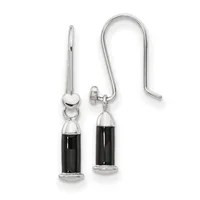 Pair of silver drop earrings with black onyx cylindrical pendants and curved ear wires, displayed against a white background.