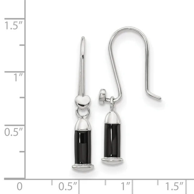 A pair of silver-toned earrings with black cylindrical onyx or stone drops, displayed next to a measurement ruler showing they are approximately one inch in length.