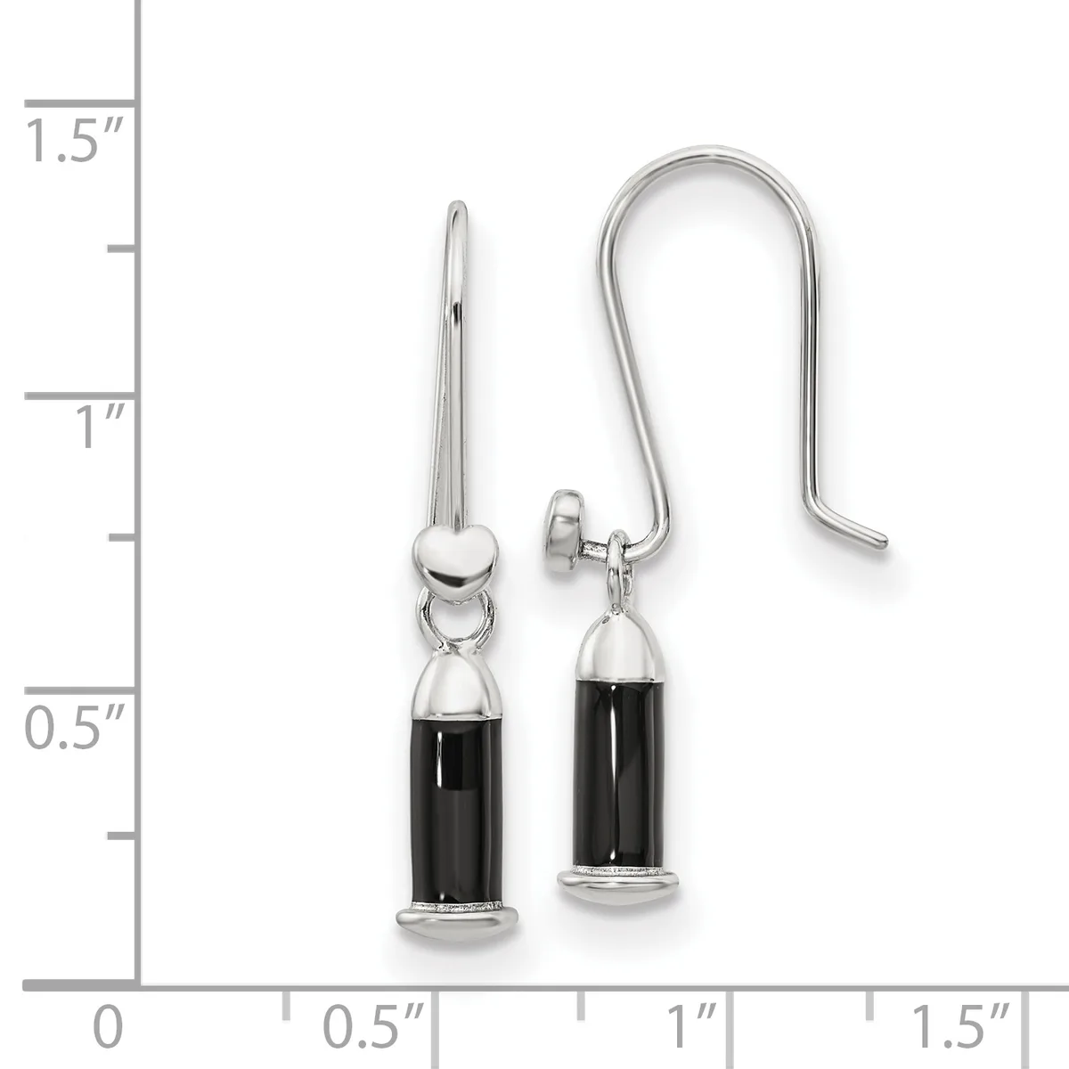 A pair of silver-toned earrings with black cylindrical onyx or stone drops, displayed next to a measurement ruler showing they are approximately one inch in length.