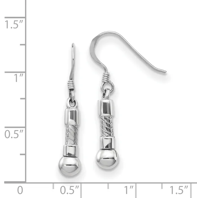 Pair of silver dangle earrings with twisted rope-textured middle sections and polished spherical bottoms, displayed on a measurement scale showing approximately one inch in length.