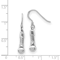 Pair of silver dangle earrings with twisted rope-textured middle sections and polished spherical bottoms, displayed on a measurement scale showing approximately one inch in length.