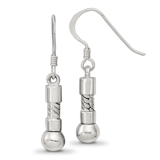 A pair of sterling silver dangle earrings featuring polished spheres attached to twisted cylindrical sections, suspended from curved ear wires.